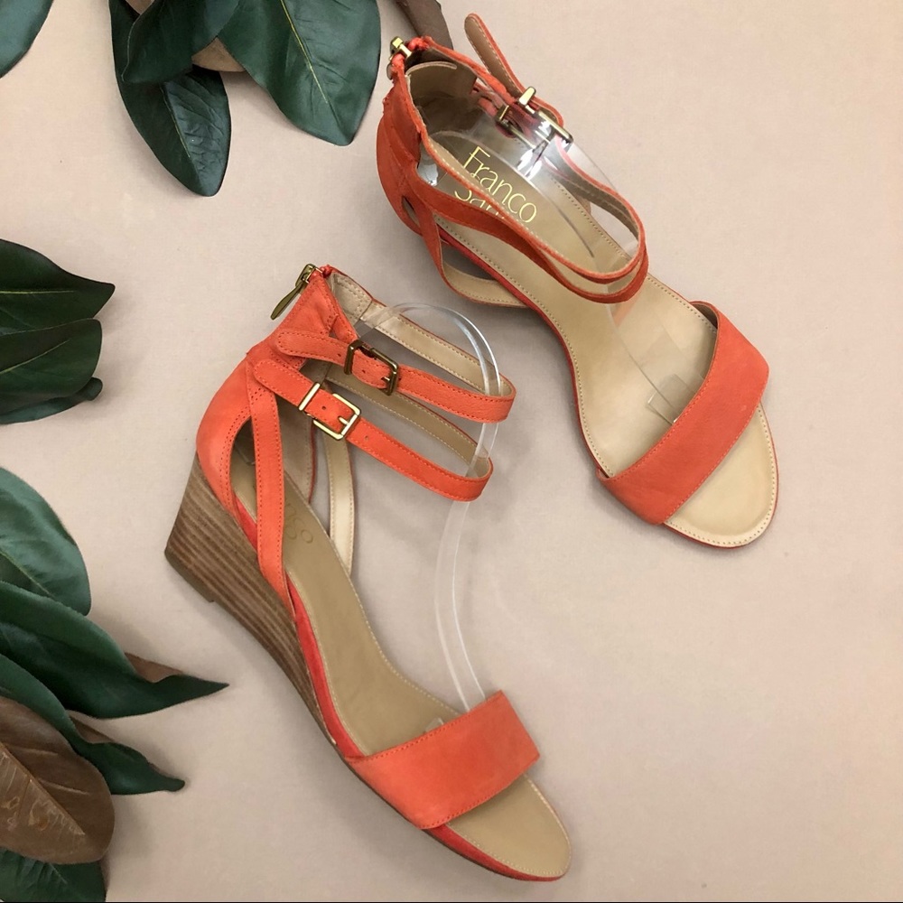 🏷SOLD Franco Sarto NWOT Orange Suede Danissa Ankle Buckle Wedge Sandal 9.5 - Picture 8 of 12